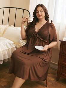 Côtesoire Plus Size Women's Elegant Romantic Lace Patchwork V-Neck Bow Tie Design A-Line Solid Color Dress Plus Size Night Dress - Coffee Brown - View 4