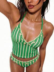 Swim Vcay Women's Striped Halter Tankini Top And Triangle Bottoms Swimwear Set, Suitable For Summer Vacation - Green - View 10