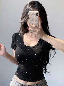 DAZY Round-Neck Rhinestone Decor Slim Fit Short Sleeve T-Shirt For Summer Casual Outfits Cute Tops,Crop Tops Women - Black - View 11