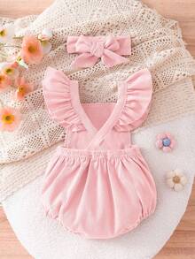 Playful Pals 2pcs/Set Cute Rabbit Embroidery & Pom Pom Decor Baby Girl Romper & Suspender Outfit, Summer - Baby Pink - View 6