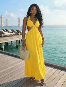 Slaydiva 优雅、浪漫又性感的连衣裙，完美适用于春夏度假、海滩派对、约会、生日派对、婚礼和游艇之旅。采用露背吊带、抹胸、低胸设计，以及飘逸的A字廓形。 - 黃色 - 查看 9
