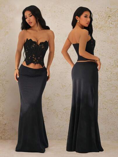 SHEIN PETITE 2pcs/Set Black Sexy Hollow Lace Sheer Blouse And Low Waist Extra Long Satin Skirt, Suitable For Date Night, Wedding Guest, Brunch, Elegant Outfit, Party