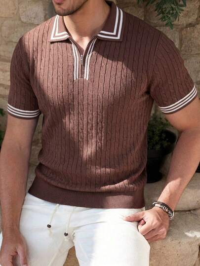 Manfinity Mode Men's Casual Contrast Trim Short Sleeve Knit Top, Spring/Summer Brown Knitted Polo Men Men Knitted Polo Shirt Knitted Cable Polo Men Resort Wear Men Knitted Shirt Men Knit Polo Mens Clothes Polo Knitted Shirts For Men Mens Sweater Shirt Short Sleeve Brown Top Men Summeroutfit