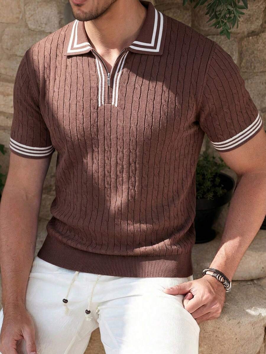 Manfinity Homme 男士休闲撞色滚边短袖针织上衣，春夏款 - 彩色 - 查看 1