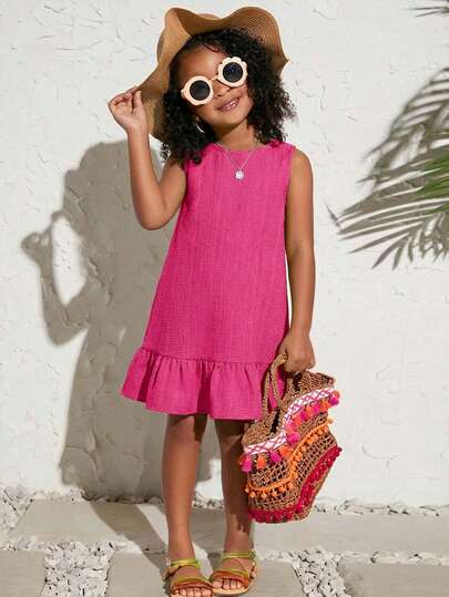SHEIN Young Girl Casual Vacation Round Neck Textured Fuchsia Dress,Kids