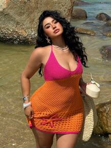 Sunnyshic Đầm len móc thủ công hai màu hình sao biển, họa tiết dopamine, dành cho nữ cỡ lớn, kiểu dáng gợi cảm, dễ thương, thích hợp cho mùa xuân, hè và thu, lý tưởng cho trang phục đi nghỉ mát ở bãi biển. - trái cam - Xem 5