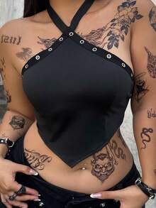 Whyspr Casual Punk Music Festival Coachella Plus Size Sexy Solid Color Backless Halter Top, Summer - Black - View 1