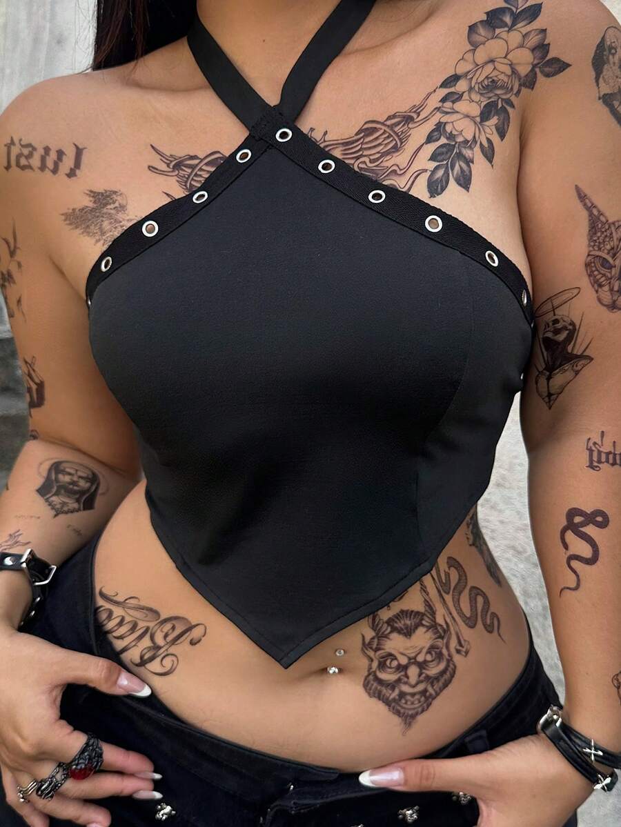 Whyspr Casual Punk Music Festival Coachella Plus Size Sexy Solid Color Backless Halter Top, Summer - Black - View 1