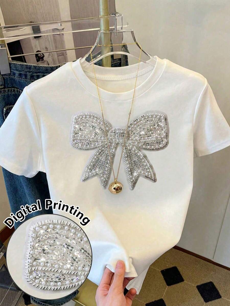 Áo thun ngắn tay cho bé gái, ôm sát, thiết kế nơ đính đá dễ thương, áo trắng đa năng dễ phối đồ, thích hợp cho các hoạt động ngoài trời, mùa xuân/hè. - trắng - Xem 1