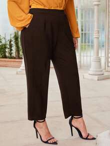 SHEIN Essnce Plus Size Casual Versatile Commute Solid High Waist Pants - Coffee Brown - View 3