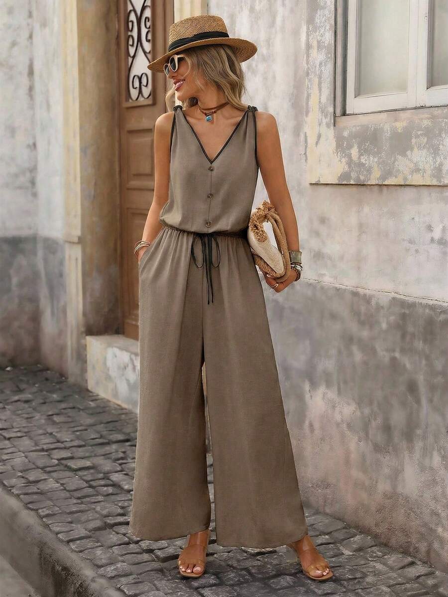 Brillora Mono sin mangas de pierna ancha para mujer, casual para vacaciones - Caqui - Ver 1