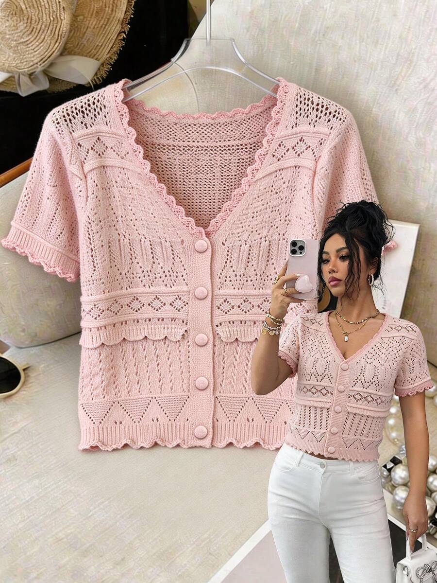 Elenzga Áo khoác len cardigan dệt kim đa năng, phối màu thời trang mới kiểu Âu-Mỹ. - Bụi hồng - Xem 1