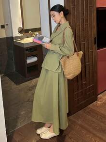 DAZY 女士休闲纯色系带衬衫和半裙两件套，春夏款 - 綠色 - 查看 2