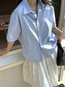 DAZY Women's Casual Solid Color Blouse, Summer - Blue - View 5