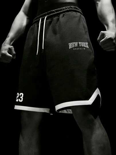 RISE LYT 男士字母印花抽绳腰部口袋休闲运动短裤