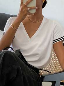 Livesso Women's Casual Loose Striped Print V-Neck Short Sleeve T-Shirt - White - View 6