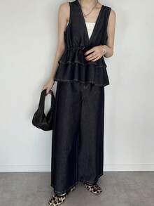 FRIFUL Women's Sleeveless Layered Ruffle Hem Tank Top And Wide Leg Elastic Waist Jeans Casual Suit, Suitable For Urban Leisure Wear - Blue - View 2