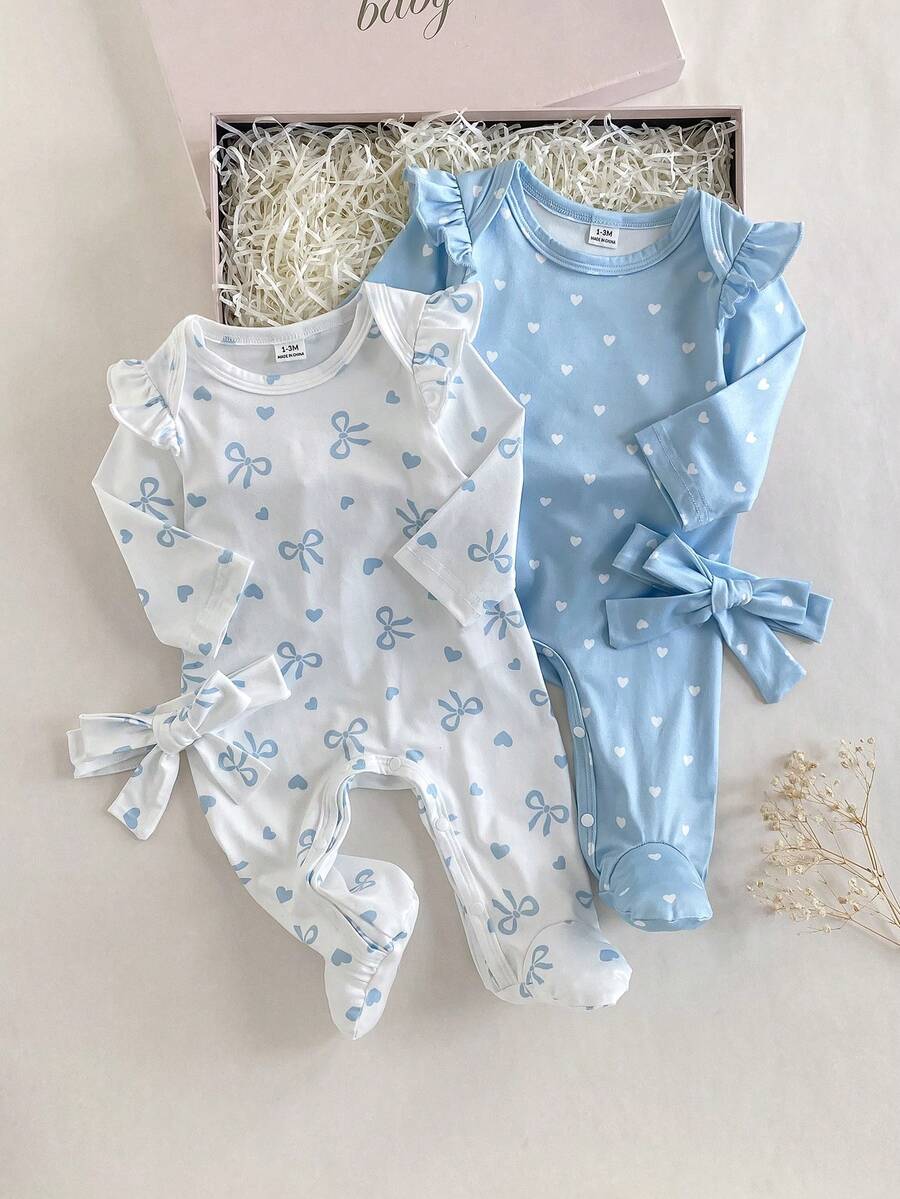 SHEIN 2件套新生儿蓝白蝴蝶结爱心卡通印花长袖连体衣和发带,柔软舒适睡衣 - 藍白色 - 查看 1