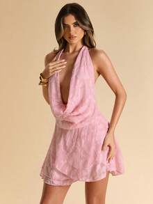 SHEIN BAE 春夏女士粉色镂空垂褶领露背荷叶边迷你连衣裙，印花连衣裙，度假连衣裙，节日连衣裙，优雅连衣裙 - 淺粉色 - 查看 5