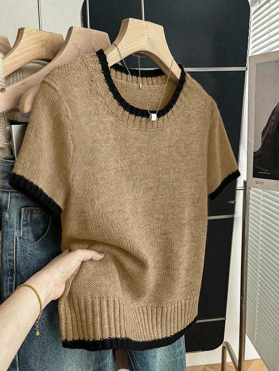 SHEIN Franclia 新款夏季简约个性拼接撞色休闲针织女式上衣 - 銅色 - 查看 1
