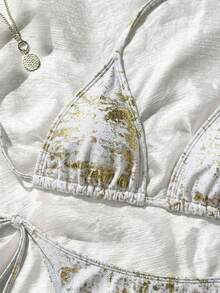 SHEIN Swim 女士夏季沙滩金色箔片图案露背系带性感比基尼泳装套装 - 白色 - 查看 3