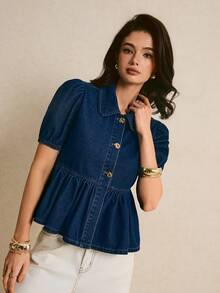 Poéselle Áo kiểu denim tay cánh hoa dáng rộng thoải mái cho nữ mùa hè - màu đen - Xem 5