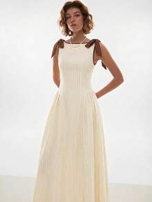 Poéselle Đầm midi nữ kẻ sọc thắt eo, thời trang cho các buổi hẹn hò và tiệc tùng. - Vàng nhạt - Xem 7