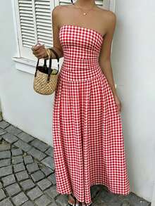 MainGRL 女士红白格子印花荷叶边下摆无肩带连衣裙，适合度假、秋季时尚、婚礼宾客着装、生日装、户外活动、乡村风格、春夏穿着。 - 彩色 - 查看 4