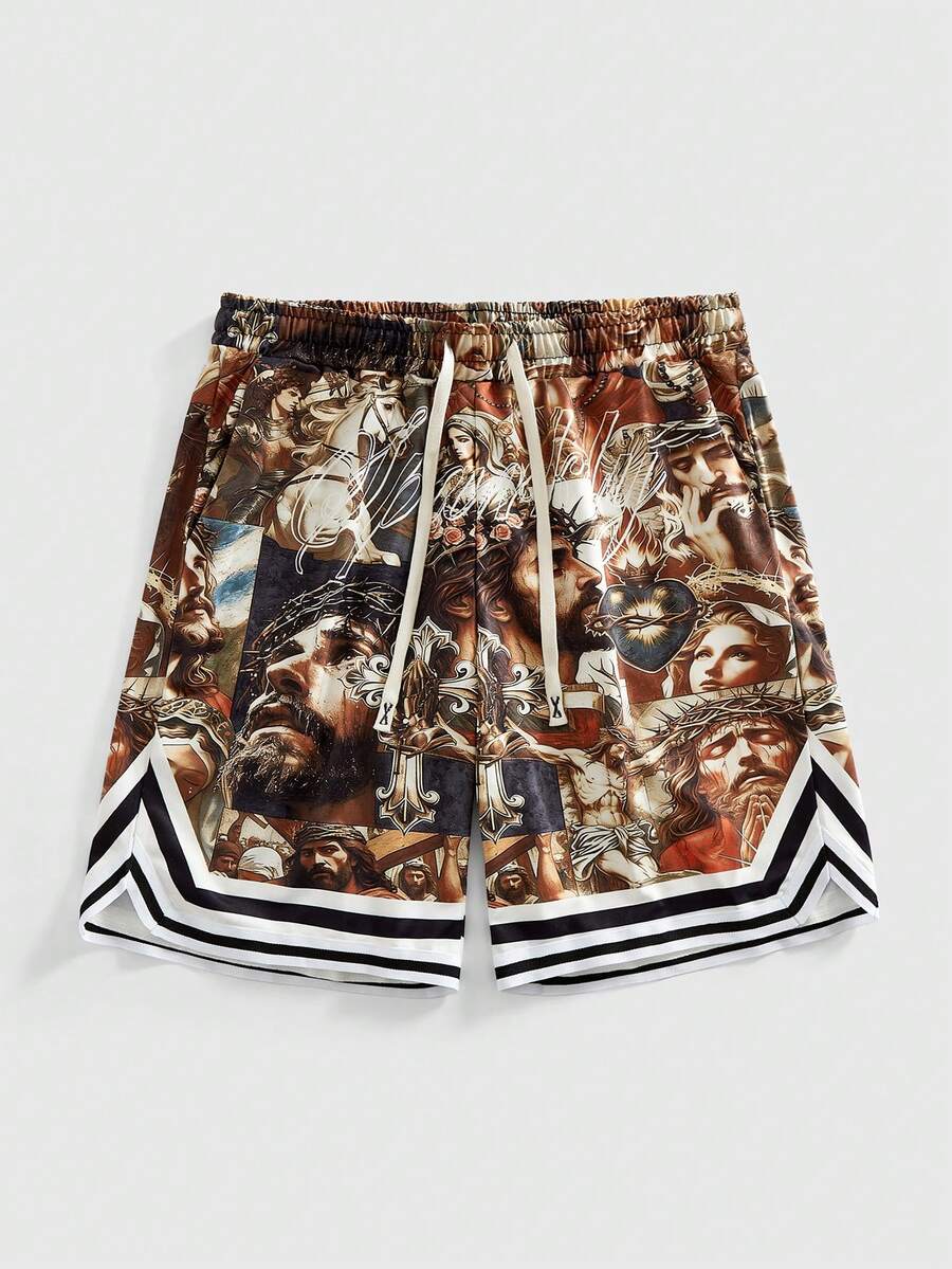 ROMWE MEN Street Life 男士耶稣印花抽绳腰斜插口袋休闲短裤 - 卡其色 - 查看 1