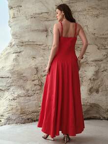 MOTF PREMIUM 女士亚麻束腰长款吊带裙 - 紅色 - 查看 3