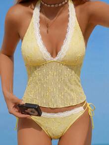 Swim Mod 女士沙滩音乐节春夏蕾丝荷叶边黄色侧系带裹身上衣可爱风格束腰套装 - 黃色 - 查看 1