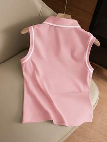 GlowEve Contrast Color Polo Collar Knit Embroidered Sleeveless Vest - Pink - View 2