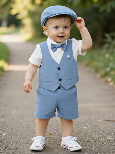 SHEIN 3pcs Baby Boys Formal Gentleman Outfit Set, Including Solid Color Single-Breasted Vest, Elastic Waist Shorts And Gentleman Hat, Suitable For 6 Months To 3 Years Old Babies, Appropriate For  S, Ring Bearer, Performances, Parties, Birthdays And  S In Summer, Infant & Toddler   Attire SetWedding,Prom,Graduation