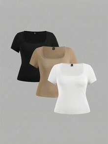 SHEIN EZwear 3件装加大码女式纯色短袖露脐休闲修身T恤，适合夏季基础款上衣，女式基础款T恤，3件装上衣，女式短袖上衣，基础款上衣 - 彩色 - 查看 1