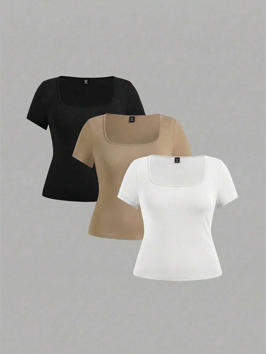 SHEIN EZwear 3件装加大码女式纯色短袖露脐休闲修身T恤，适合夏季基础款上衣，女式基础款T恤，3件装上衣，女式短袖上衣，基础款上衣 - 彩色 - 查看 1