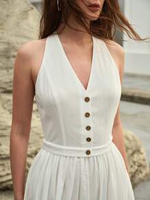 MOTF PREMIUM WOMEN'S V-NECK WAIST GATHERED SWING DRESS, SPRING/SUMMER - White - View 3