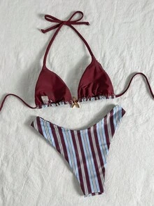 Bonvoyette 女士随机印花挂脖金属饰品比基尼套装，春夏沙滩装，女士泳装，夏季节日装，派对装，条纹比基尼套装，两件套比基尼，度假泳装，度假套装，女士比基尼两件套，海星比基尼，条纹比基尼套装 - 彩色 - 查看 3