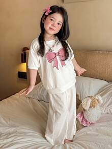 DAZY 2件套少女印花圆领针织短袖T恤和裤子家居服套装，秋季款 - 白色 - 查看 2