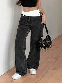 SHEIN Tall Women's Summer Casual High Waist Wide Leg Jeans Contrast White Fold Waist Washed Black Denim Loose Baggy Pants With Button Detail For Streetwear Outfits Women's Versatile For Summer Loose Straight Leg Jeans - Black - View 5