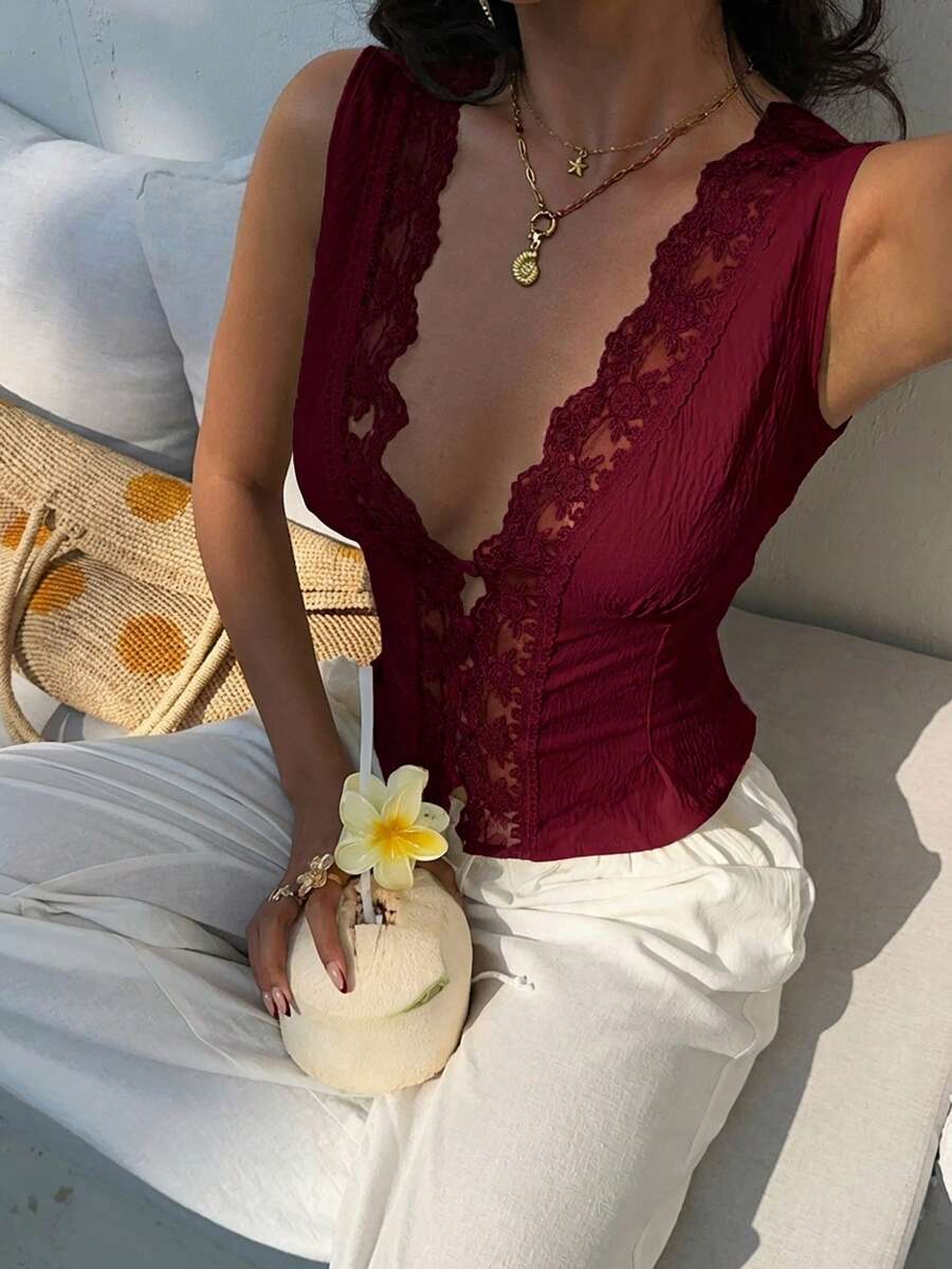 Aloruh 女士撞色蕾丝深V领无袖修身性感上衣 - 酒紅色 - 查看 1
