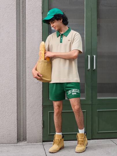 Open Phase 男士字母图案抽绳腰短裤，复古美式，男女皆宜，宽松版型夏季服装——适合日常穿着和夏季度假穿着。