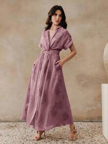 Anewsta Women's Summer Elegant Pink Floral Tea Party Purple V-Neck Twist Knot Embroidered Long Dress,Minimalist Waist Cinched Shirt Dress For Work & Vacation - Purple - View 3