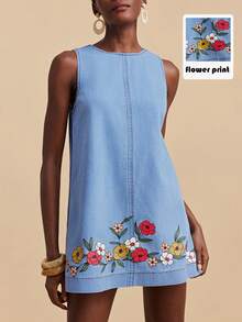 Travachic Women's Blue Denim Dress, Round Neck A-Line Skirt, Casual Loose Denim Dress, Floral Print, Summer Vacation Outfit. - Light Wash - View 1