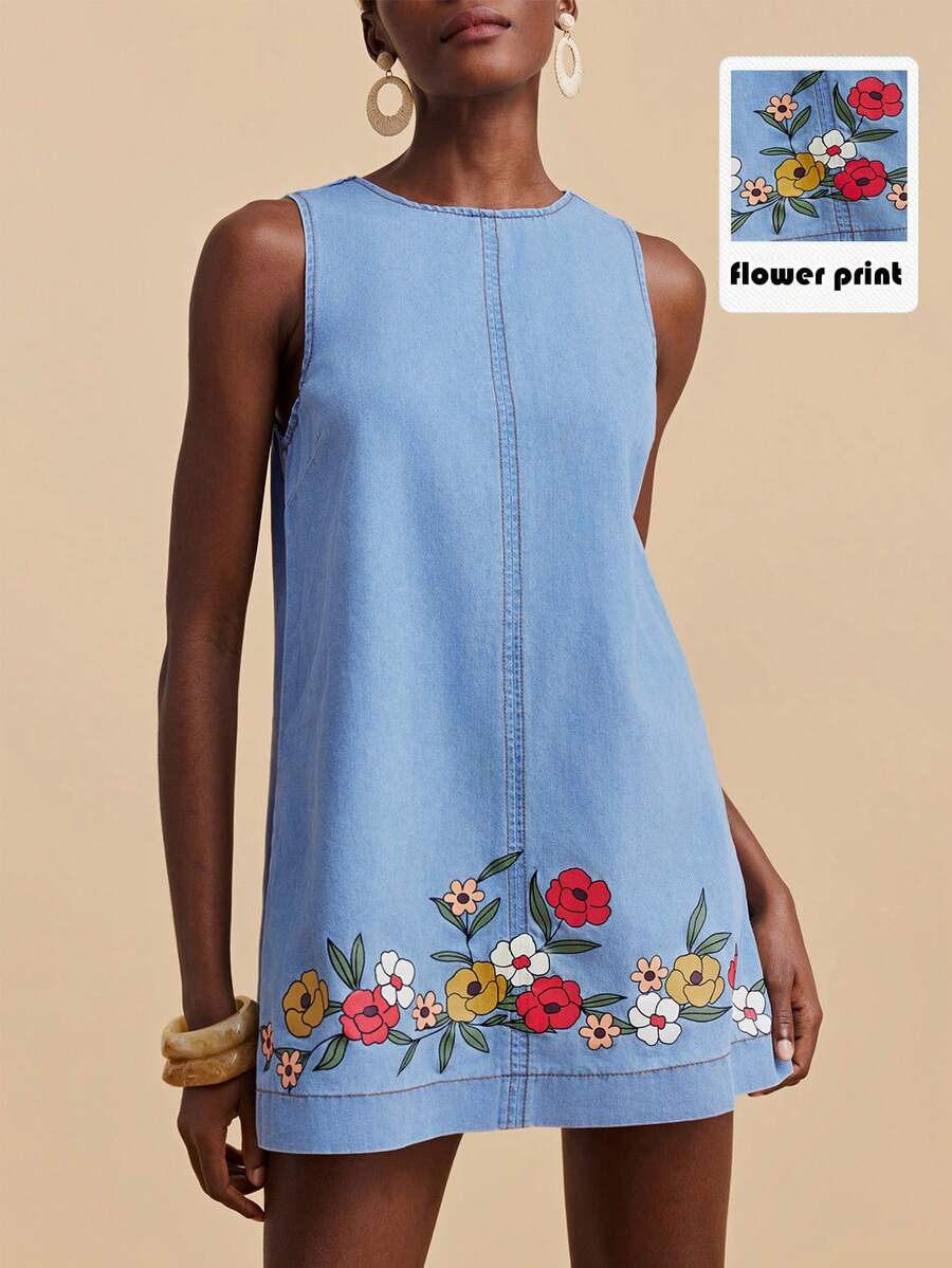 Travachic Women's Blue Denim Dress, Round Neck A-Line Skirt, Casual Loose Denim Dress, Floral Print, Summer Vacation Outfit. - Light Wash - View 1