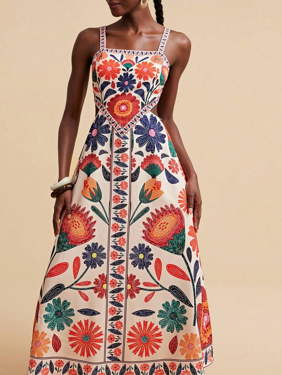 Travachic 2026新款梭织印花吊带连衣裙，度假装扮，波西米亚风，乡村音乐会装扮，节日庆典装扮，女士沙滩装扮，女士夏季装扮，复古富贵风格女士装扮，毕业典礼装扮，夏季阳光连衣裙，女士生日礼服，波西米亚优雅碎花白色休闲夏季度假装扮，女士休闲优雅度假装扮，亮片女士嘉年华、情人节、婚礼派对和音乐节装扮 - 彩色 - 查看 1