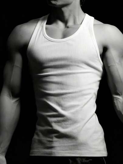 RISE LYT 男士圆领罗纹针织背心，休闲运动夏季上衣健身上衣白色透气背心