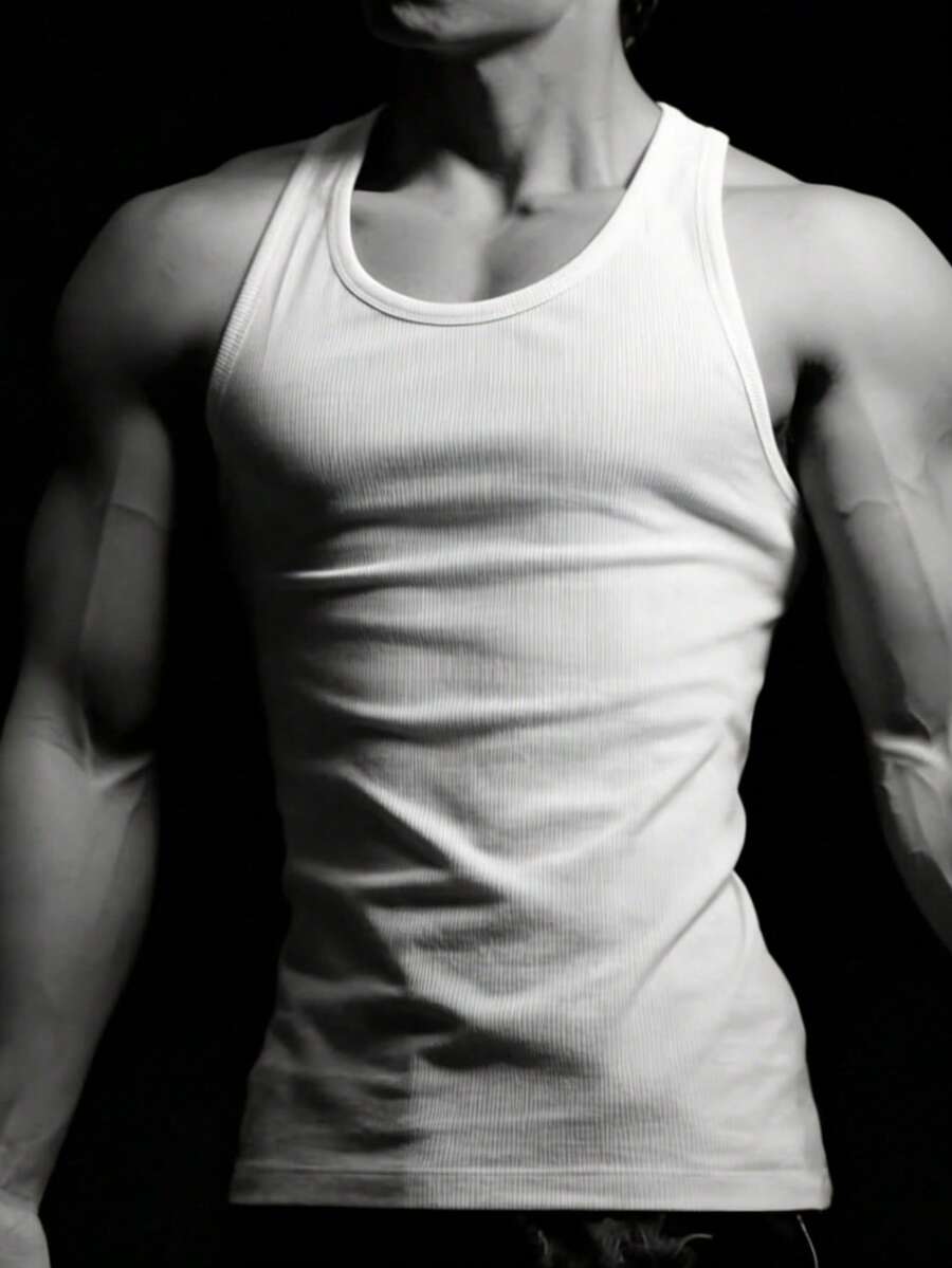 RISE LYT Men's Crew Neck Ribbed Rib Knit Tank Top, Casual Sports Summer Top Workout Tops White Tank Top Breathable - White - View 1