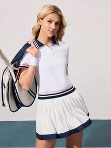 CourtClass CourtClass 女士撞色罗纹拼接 Polo 领纽扣宽松短袖运动休闲日常网球 Polo 衫 - 白色 - 查看 3
