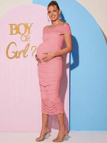 Loomaby Pregnant Women's Solid Color Off-Shoulder Ruched Fitted Summer Dress, High Elasticity - Baby Pink - View 10