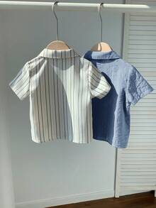 SHEIN 2pcs/Set Unisex Baby Boy Casual Vacation Woven Short Sleeve Shirt, Spring/Summer Baby Clothes - Multicolor - View 2
